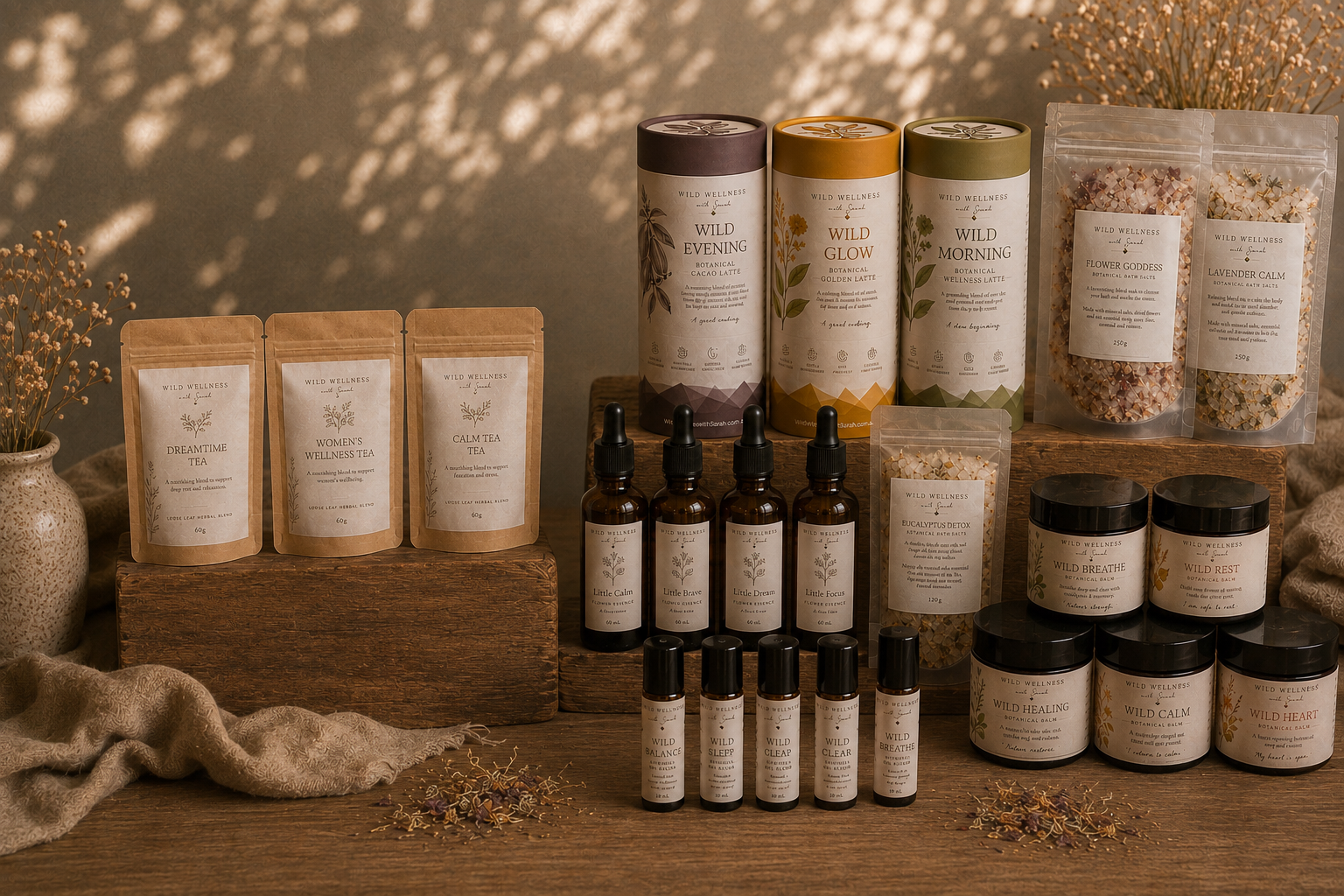 The full Wild Wellness with Sarah range — botanical bath salts, latte cylinders, herbal teas, balms and flower essences styled on warm wood in soft sunlight.