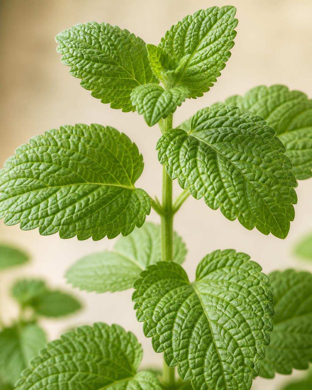 Lemon balm leaves in opposite pairs on a square stem — heart-shaped, net-veined and scalloped at the edges