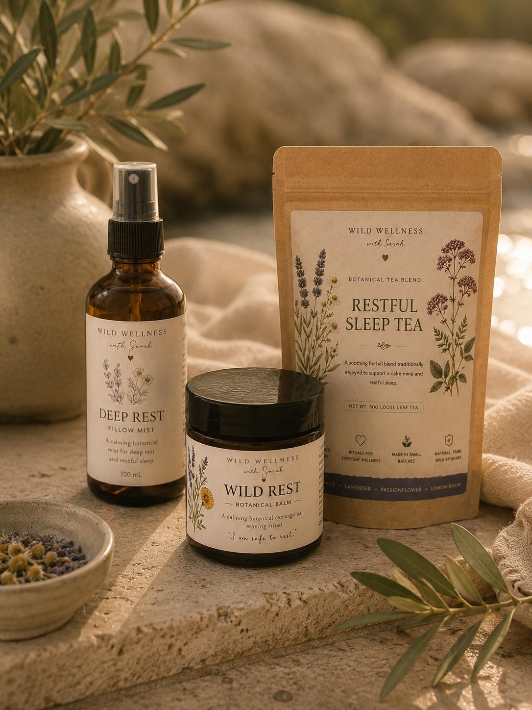 The Evening Ritual gift-ready ritual collection by Wild Wellness — restful sleep tea · wild rest balm · deep rest pillow mist
