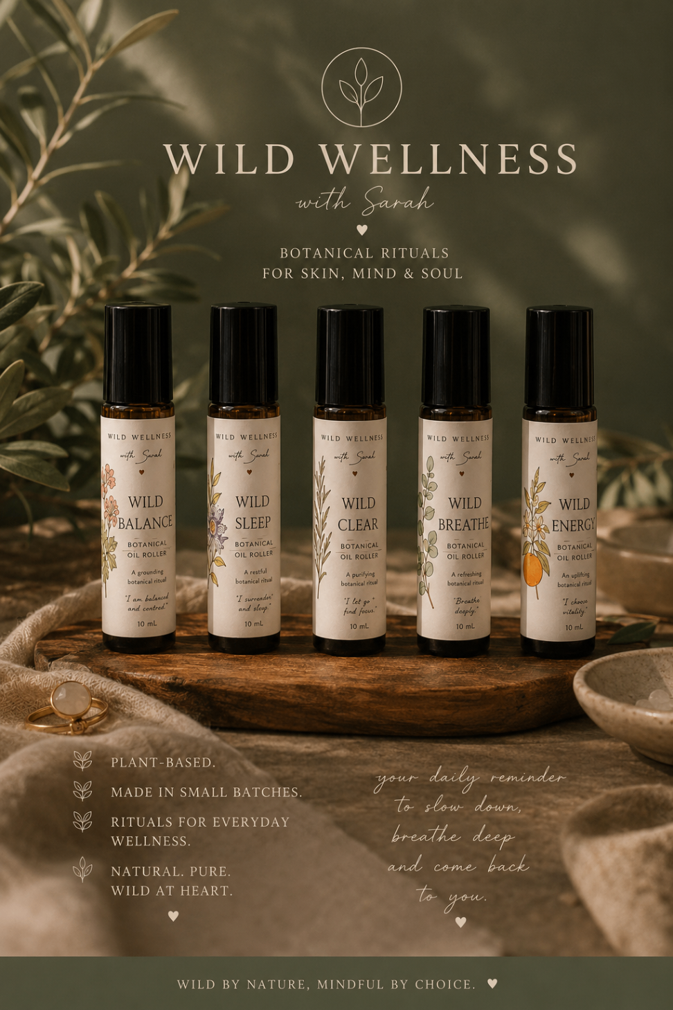 Wild Wellness botanical oil rollers — Wild Balance, Wild Sleep, Wild Clear, Wild Breathe and Wild Energy