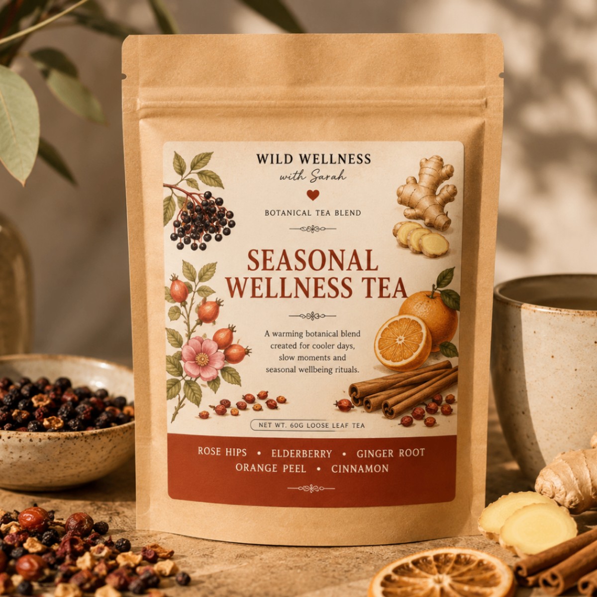 Seasonal Wellness Tea — 60g loose leaf tea Wild Wellness botanical tea blends with rose hips, elderberry, ginger, orange peel