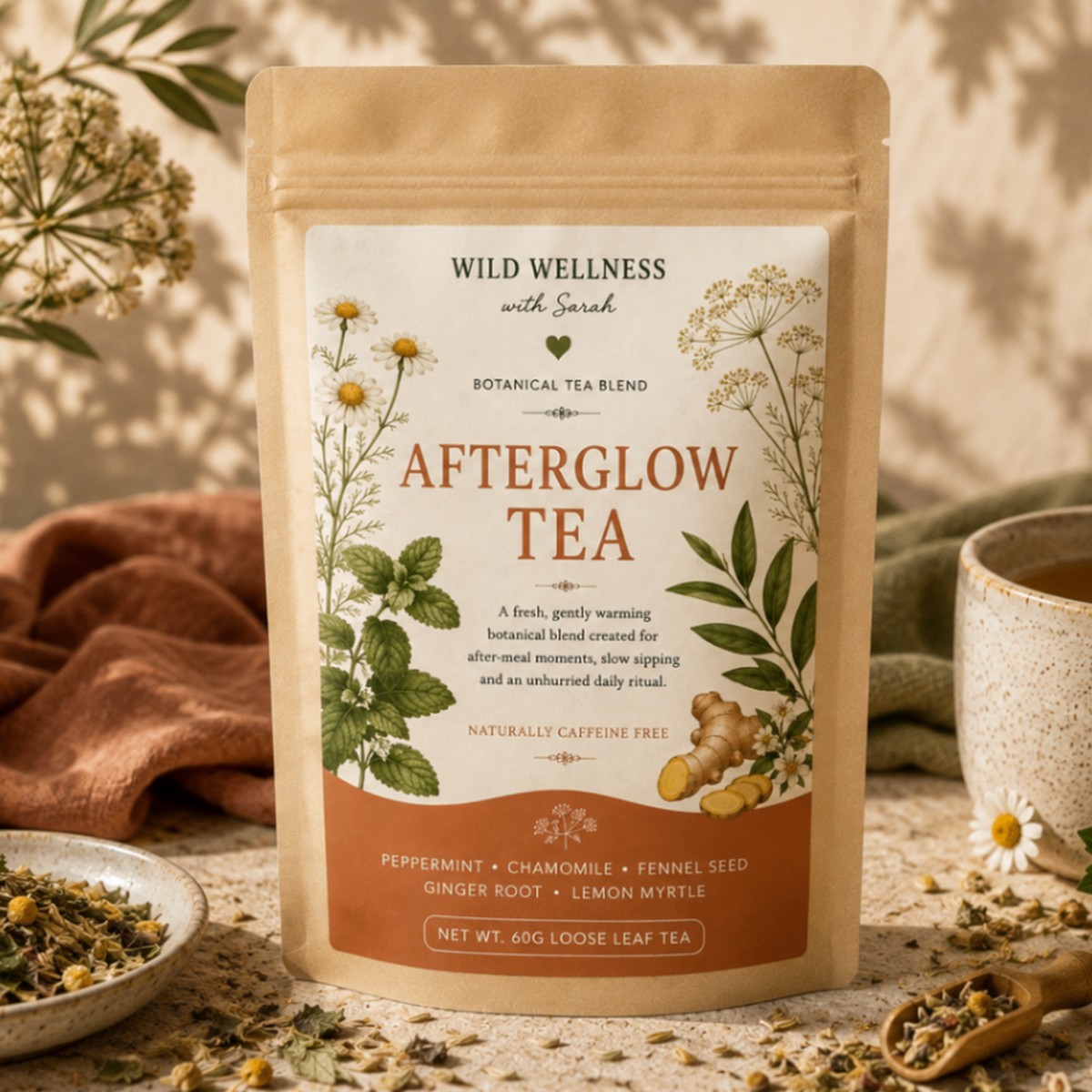 Afterglow Tea — 60g loose leaf tea Wild Wellness botanical tea blends with peppermint, chamomile, fennel seed, ginger root
