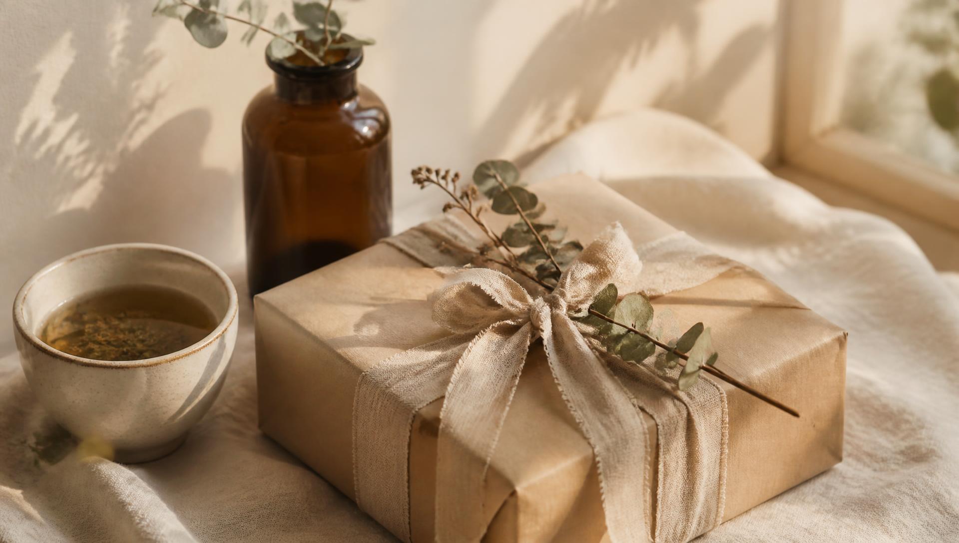 A Wild Wellness Ritual wrapped in kraft paper with linen ribbon and dried eucalyptus beside herbal tea and an amber apothecary bottle