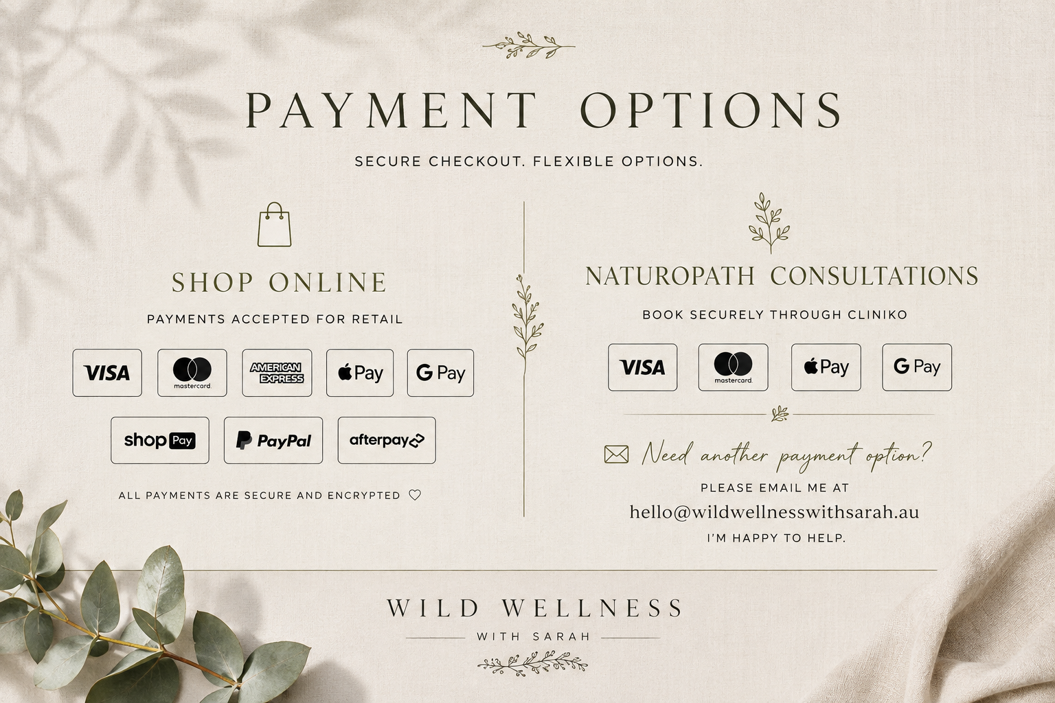 Payment options for Wild Wellness — secure online checkout and Cliniko consultations
