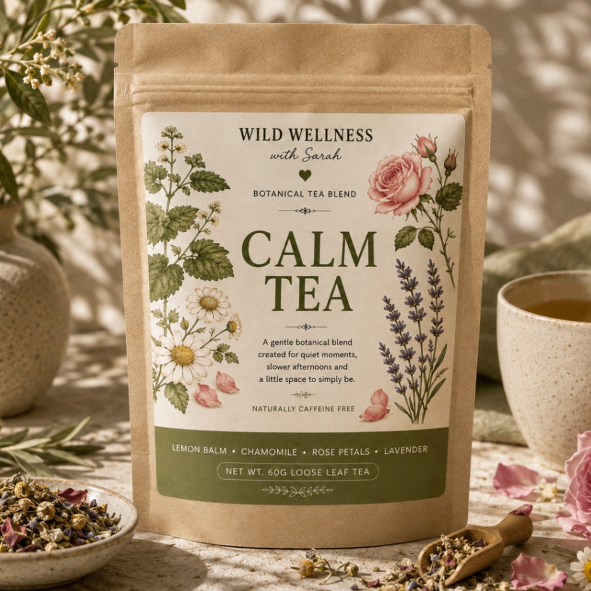 Calm Tea — 60g loose leaf tea Wild Wellness botanical tea blends with lemon balm, chamomile, rose petals, lavender