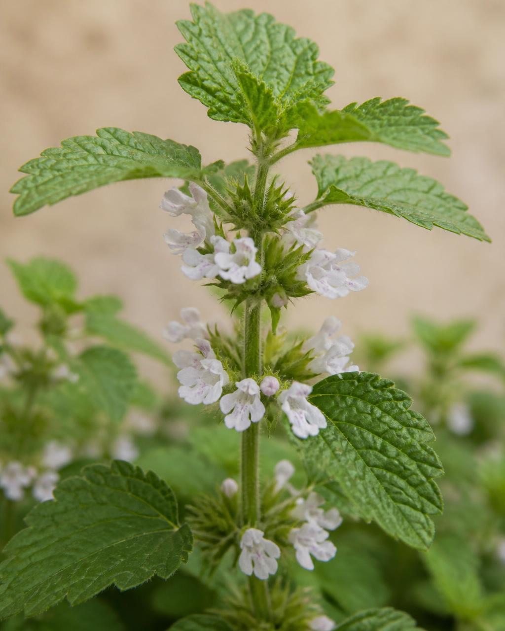 Small pale flowers gathered in whorls at the leaf axils in early summer — the flowers the bees come for
