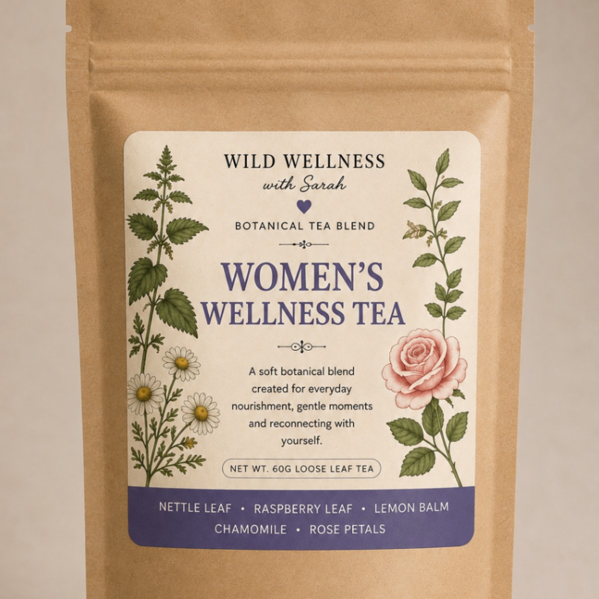 Women's Wellness Tea — 60g loose leaf tea Wild Wellness botanical tea blends with nettle leaf, raspberry leaf, lemon balm, chamomile