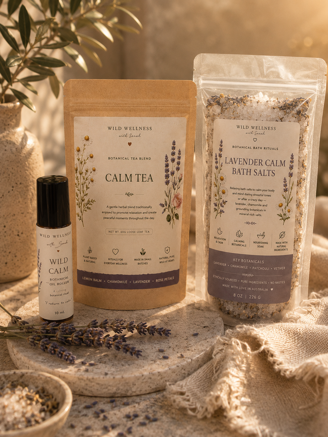 The Calm Ritual gift-ready ritual collection by Wild Wellness — calm tea · wild calm balm · wild balance roller