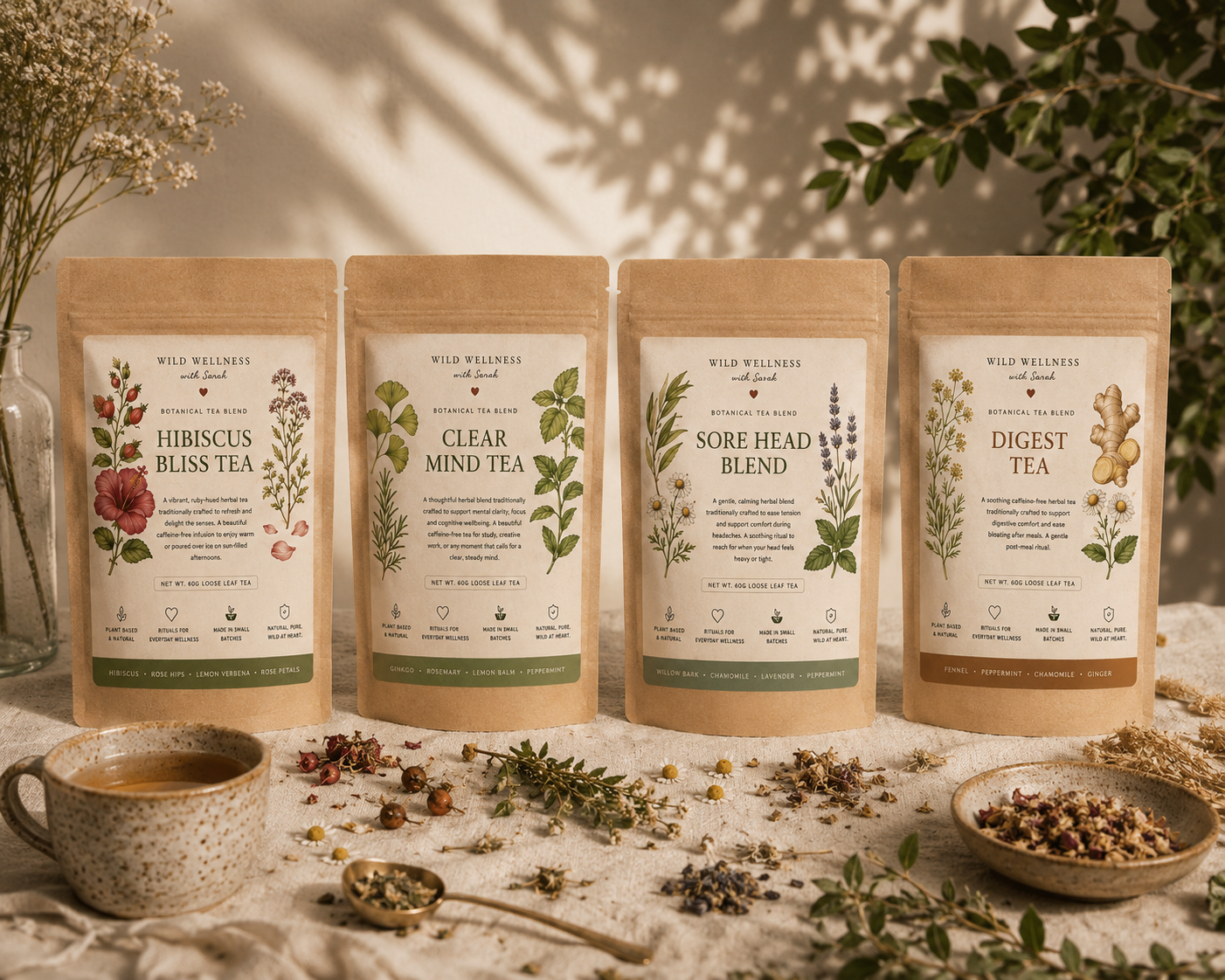 Hibiscus Bliss Tea shown with the Wild Wellness botanical tea blends collection — view 2