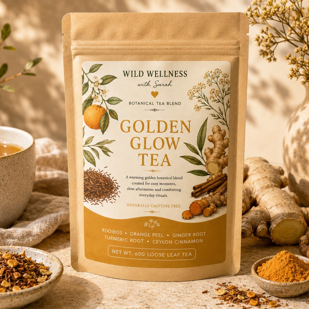 Golden Glow Tea — 60g loose leaf tea Wild Wellness botanical tea blends with rooibos, orange peel, ginger root, turmeric root