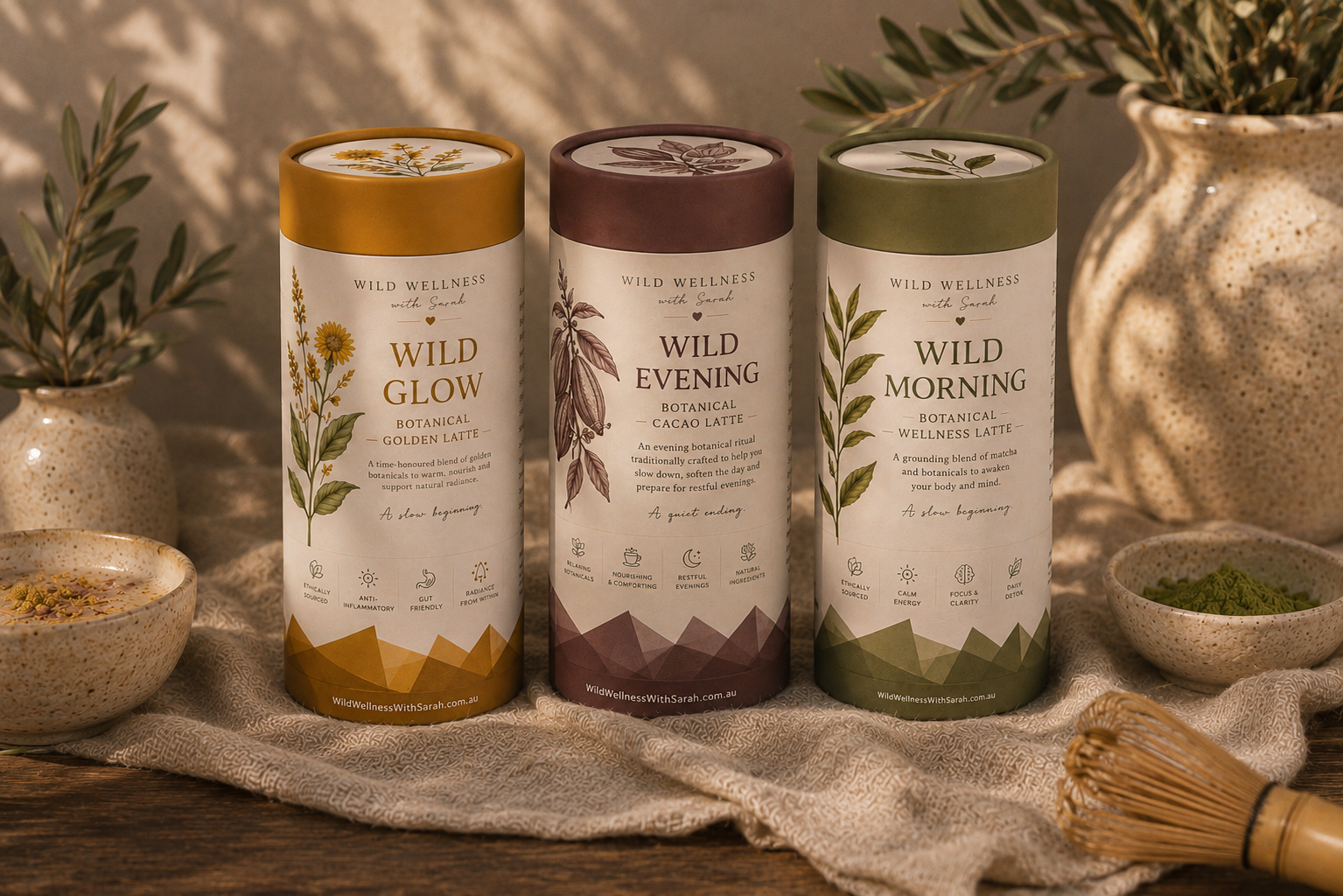 Wild Morning, Wild Glow and Wild Evening botanical latte cylinders styled with linen and ceramic bowls.