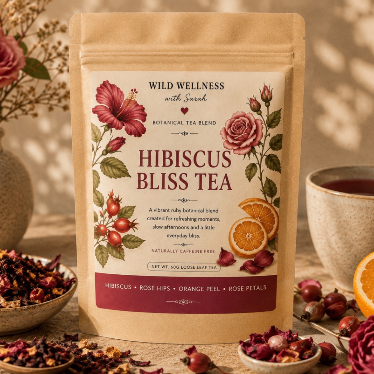 Hibiscus Bliss Tea — 60g loose leaf tea Wild Wellness botanical tea blends with hibiscus, rose hips, orange peel, rose petals