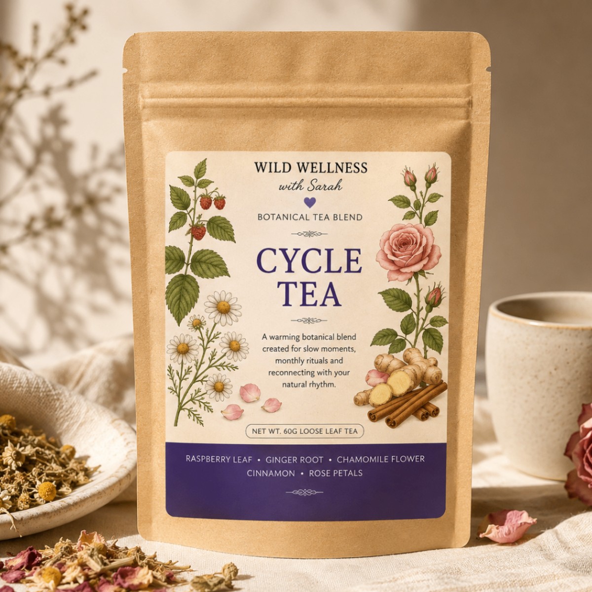 Cycle Tea — 60g loose leaf tea Wild Wellness botanical tea blends with raspberry leaf, chamomile, ginger, rose petals