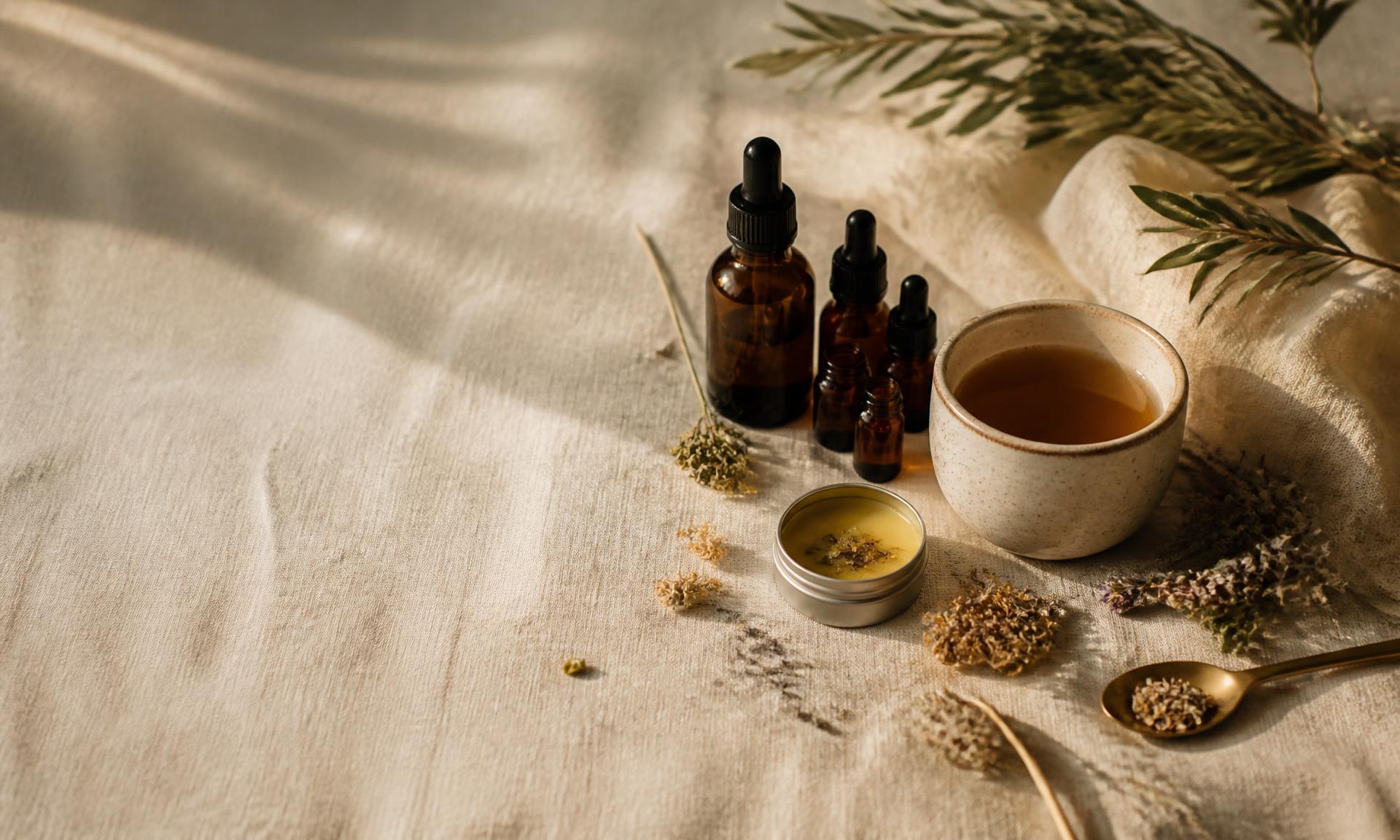 Wild Wellness botanical products styled on linen with amber glass bottles, herbal tea, dried herbs and ceramics in warm morning light