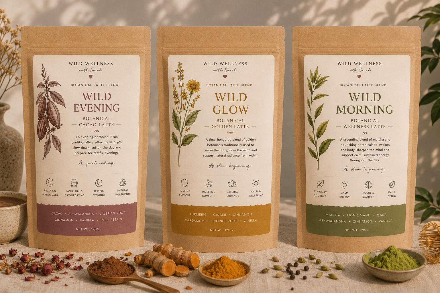 Wild Wellness botanical tea and latte pouches styled with dried botanicals