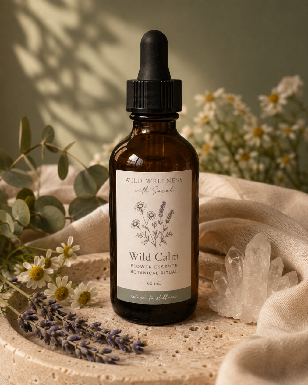 Wild Calm flower essence in an amber glass bottle