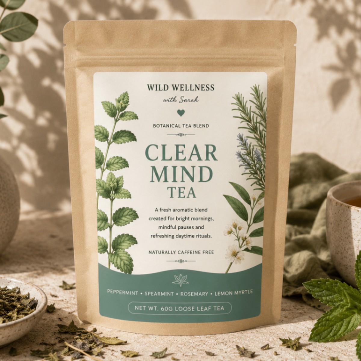 Clear Mind Tea — 60g loose leaf tea Wild Wellness botanical tea blends with peppermint, spearmint, rosemary, lemon myrtle