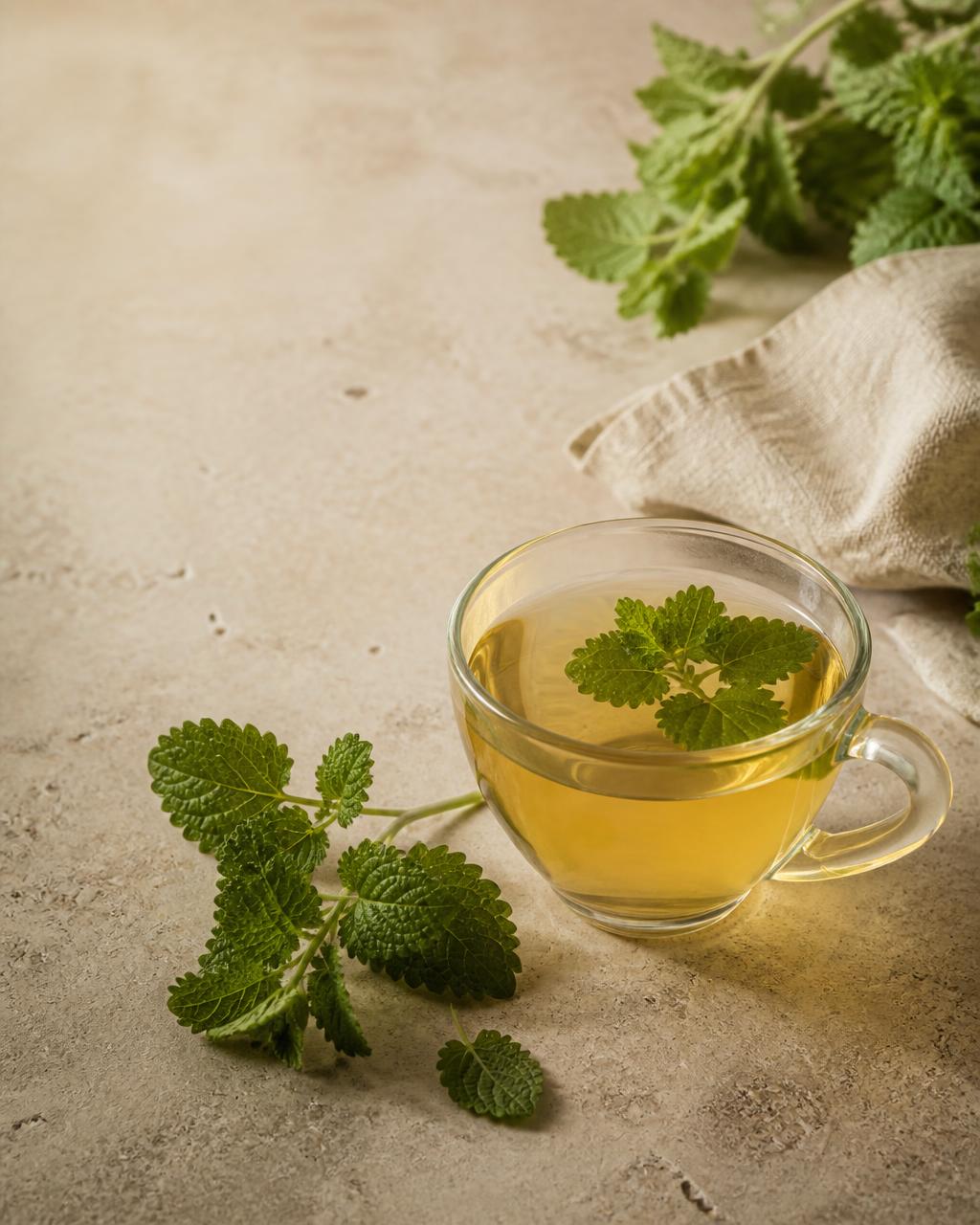 A pale golden-green lemon balm infusion with fresh sprigs — the evening cup