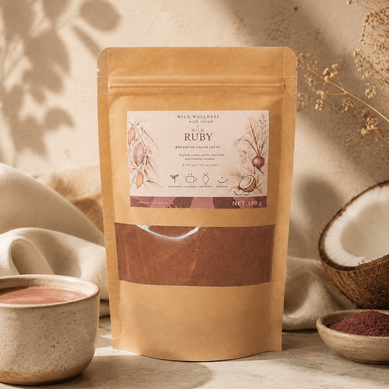 Wild Ruby — 100g pouch · 10 serves Wild Wellness botanical ritual lattes with cacao, beetroot, coconut
