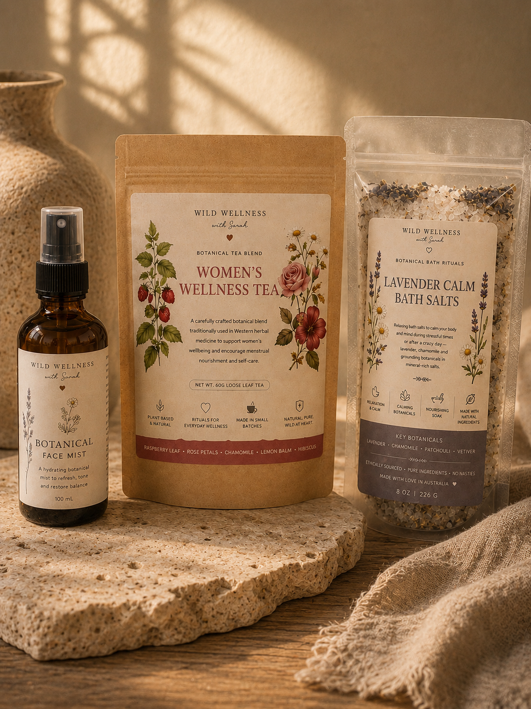 The Bloom Ritual gift-ready ritual collection by Wild Wellness — women's wellness tea · botanical facial mist · wild heart balm