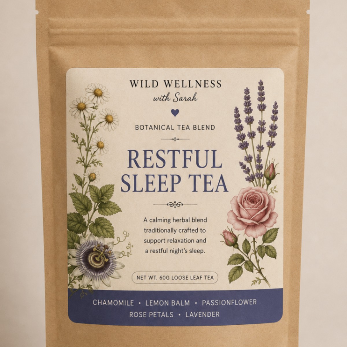 Restful Sleep Tea — 60g loose leaf tea Wild Wellness botanical evening tea with chamomile, lemon balm, passionflower, rose petals