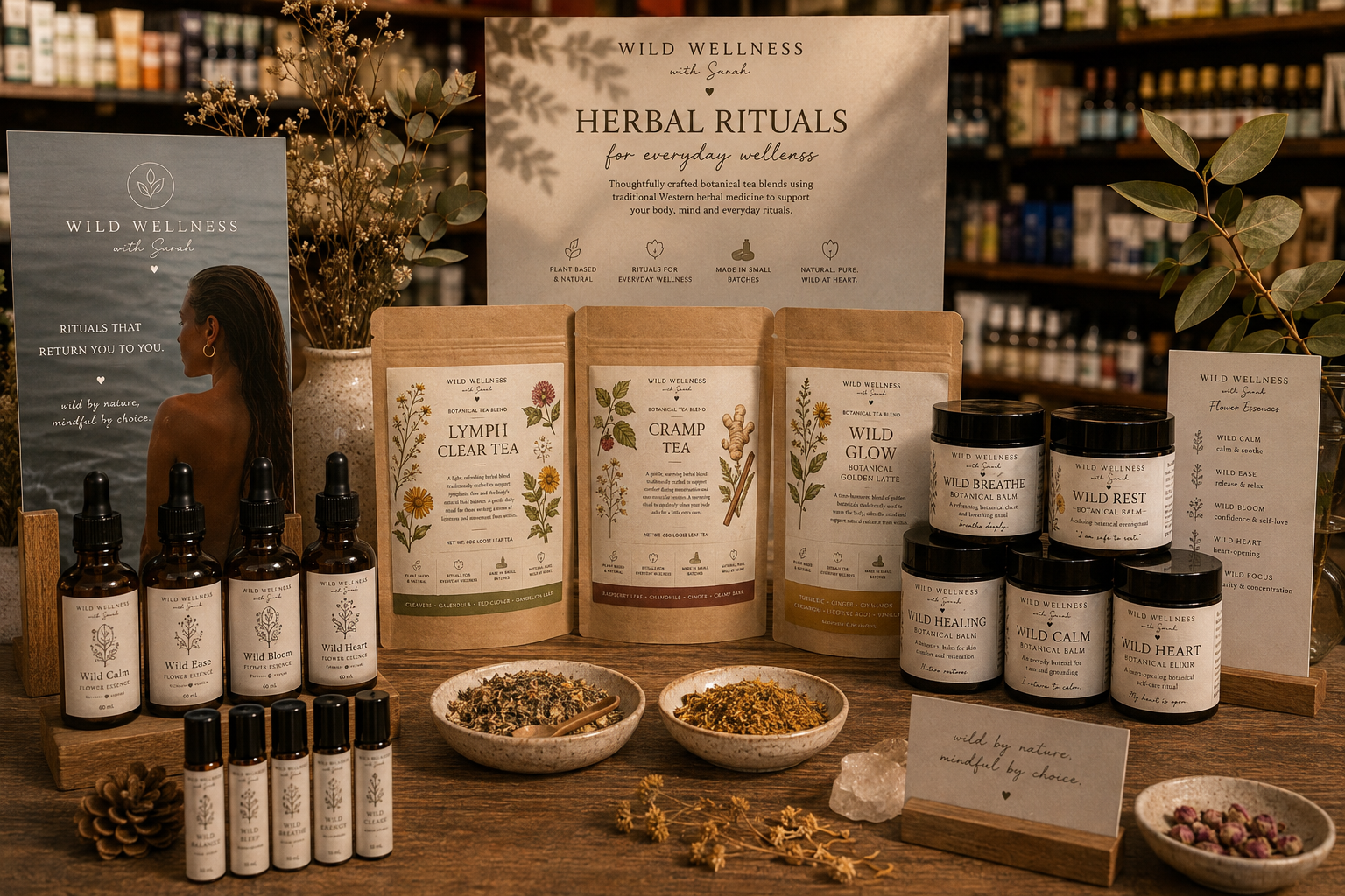 The Wild Wellness with Sarah herbal rituals display — botanical tea blends, balms and roller blends arranged on a wooden apothecary bench