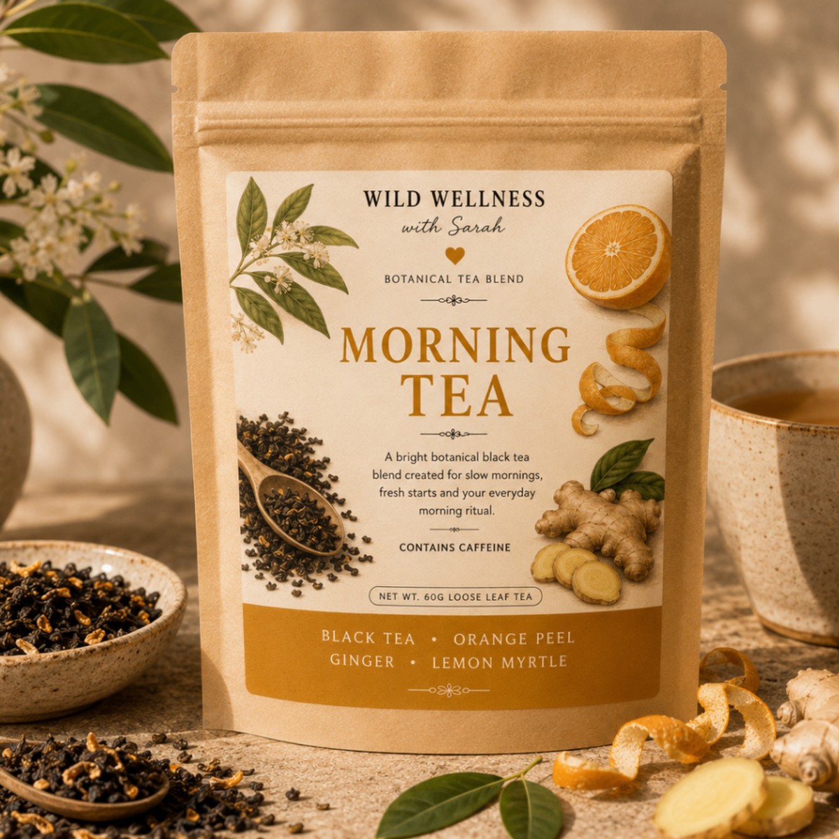 Morning Tea — 60g loose leaf tea Wild Wellness botanical black tea blend with black tea, orange peel, ginger, lemon myrtle