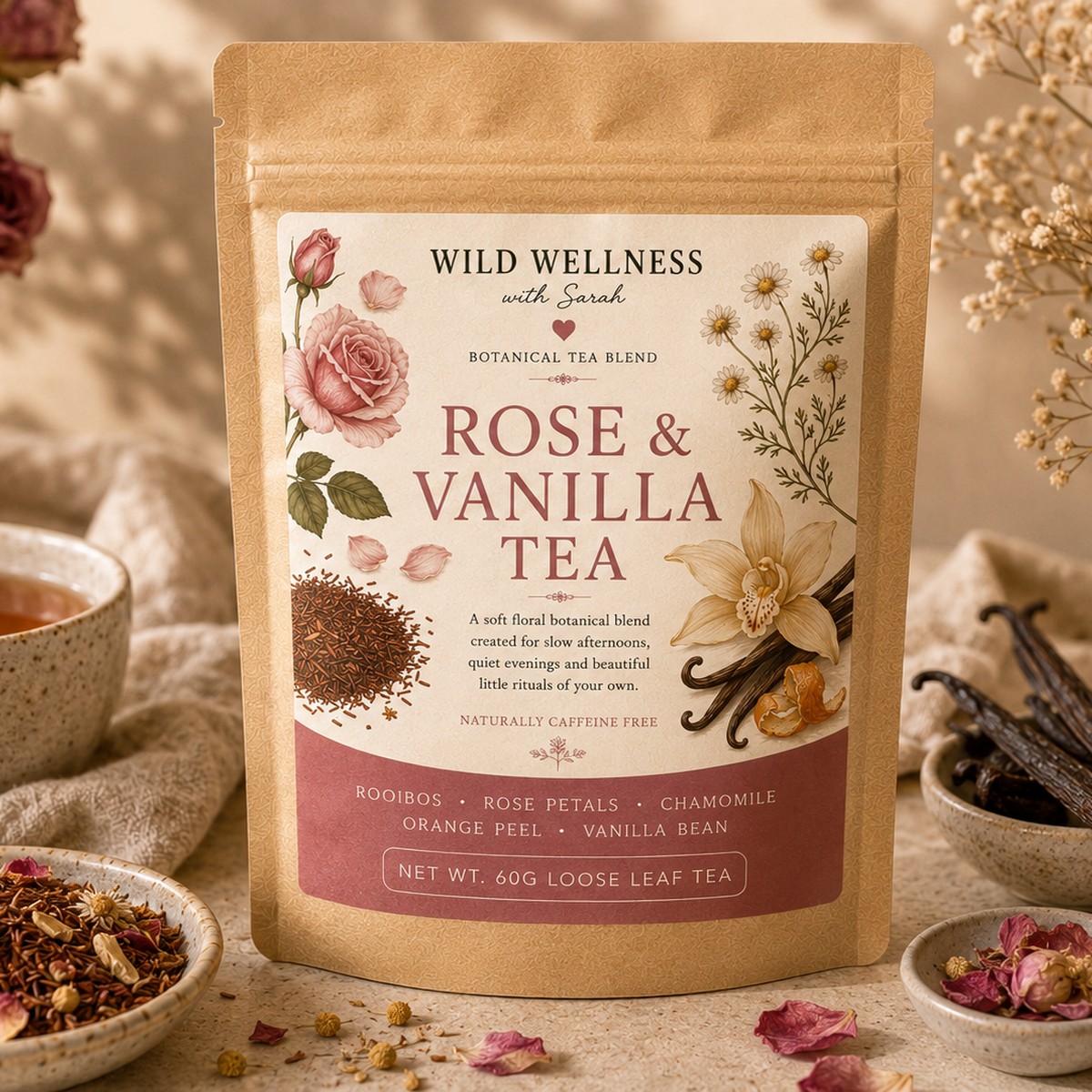Rose & Vanilla Tea — 60g loose leaf tea Wild Wellness botanical tea blends with rooibos, rose petals, chamomile, orange peel