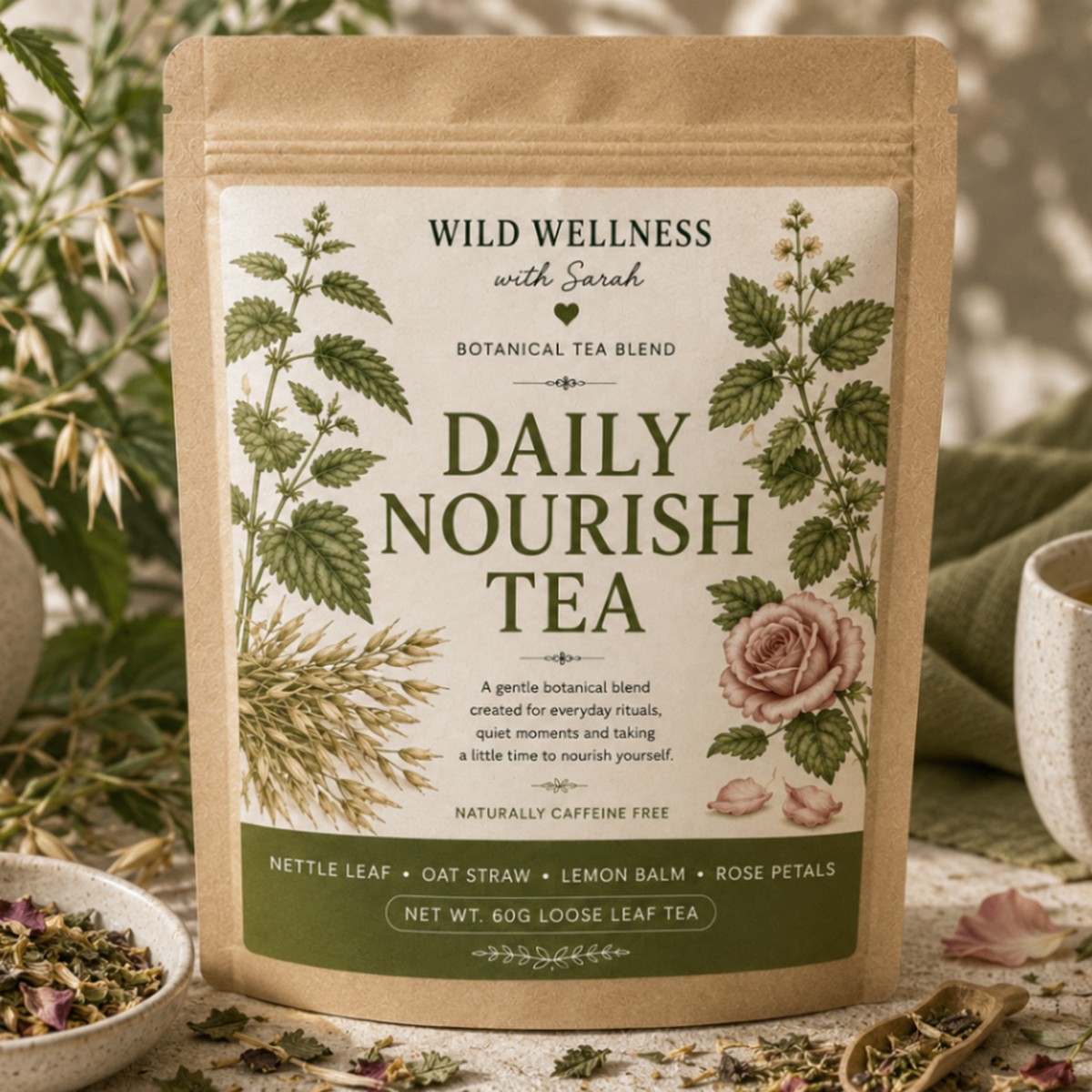 Daily Nourish Tea — 60g loose leaf tea Wild Wellness botanical tea blends with nettle leaf, oat straw, lemon balm, rose petals