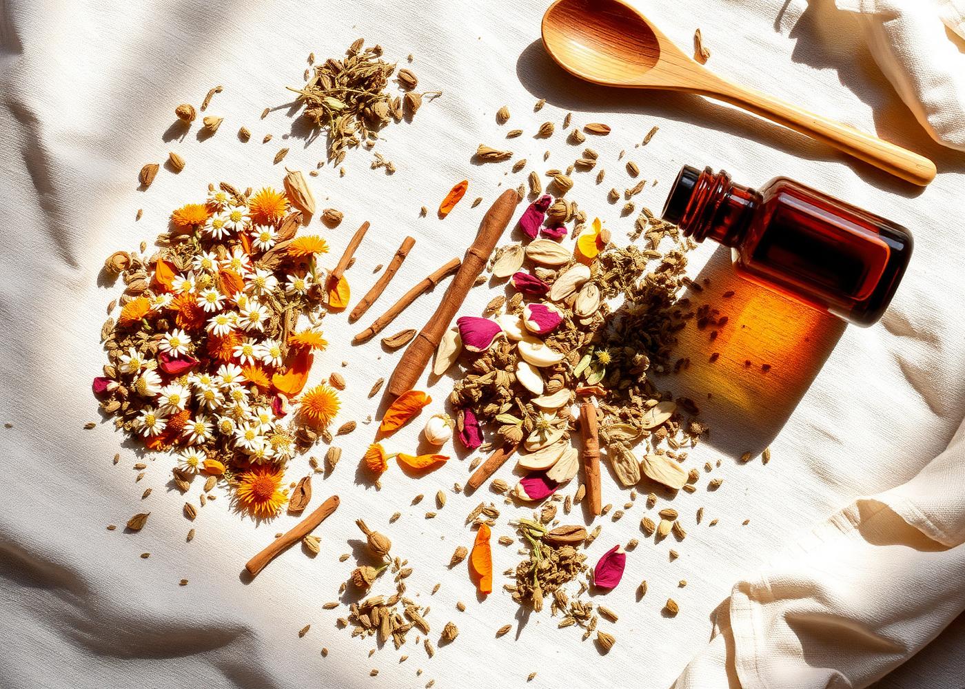 Dried botanicals and whole foods arranged on linen in natural light